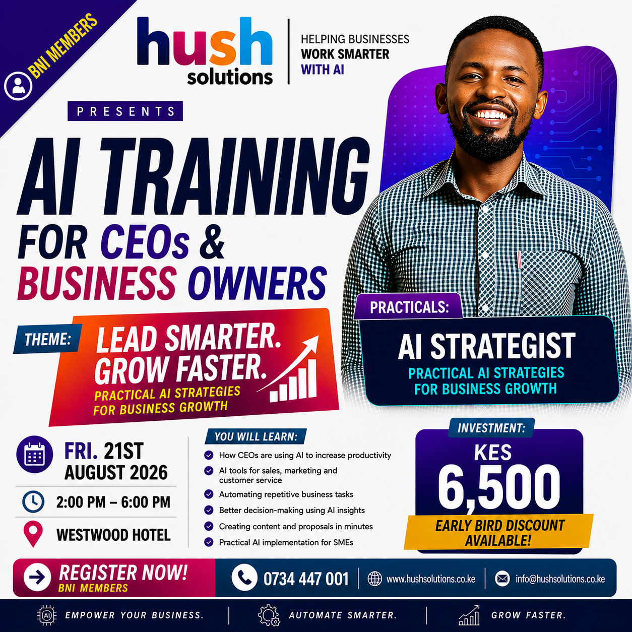 Poster for the next AI training group class for CEOs and business owners